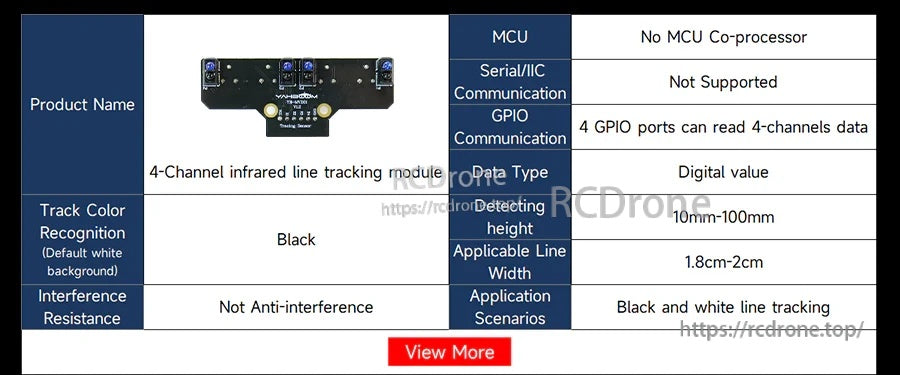 Spec table for a 4-channel infrared line tracking sensor module with GPIO digital output and height range