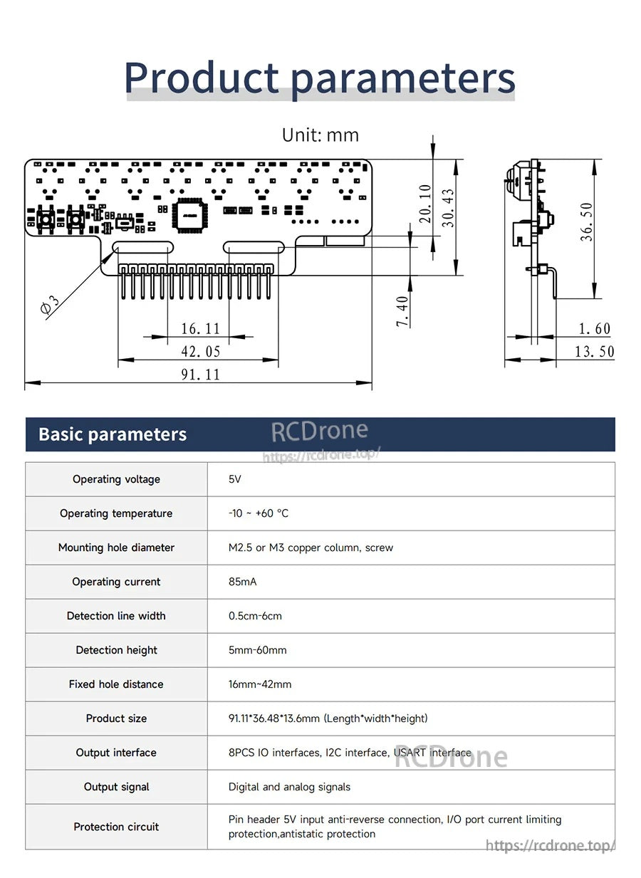 Dimension diagram and specs for Yahboom YB-MX04-2.0 8-channel IR tracking sensor module (5V, I2C/UART/IO).