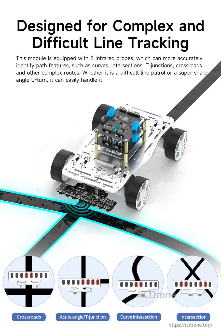 Robot car line following graphic showing handling of crossroads, curves, and intersection patterns with 8 sensors