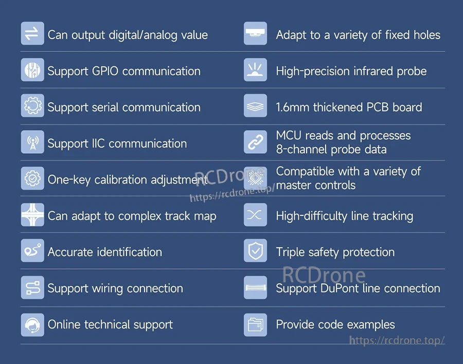 Feature list graphic for 8-channel line tracking module: dual output, GPIO/serial/I2C, calibration, protection