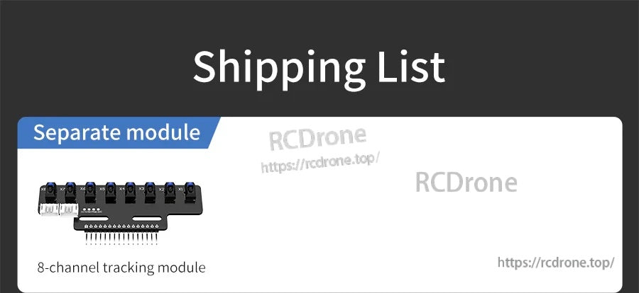 Shipping list graphic showing a separate 8-channel tracking sensor module board with eight IR sensors