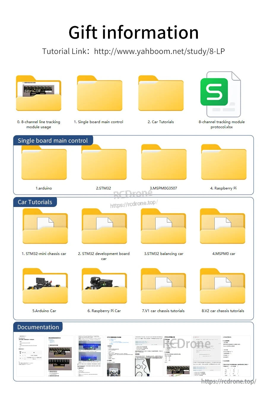 Yahboom gift information sheet with tutorial link and folders for 8-channel line tracking module docs and car tutorials