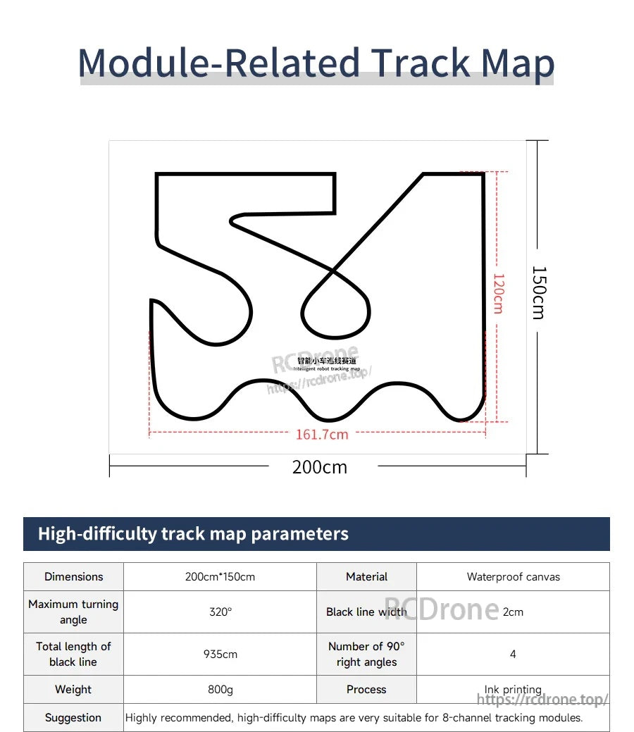 Track map layout with dimensions and parameters for a high-difficulty line following course