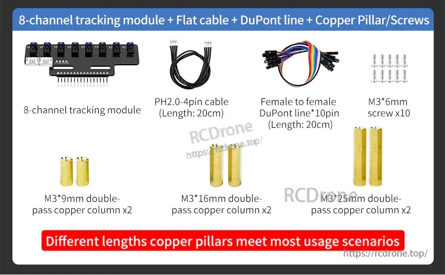 Yahboom 8-channel IR tracking sensor module kit with flat cable, DuPont jumpers, screws and copper standoffs
