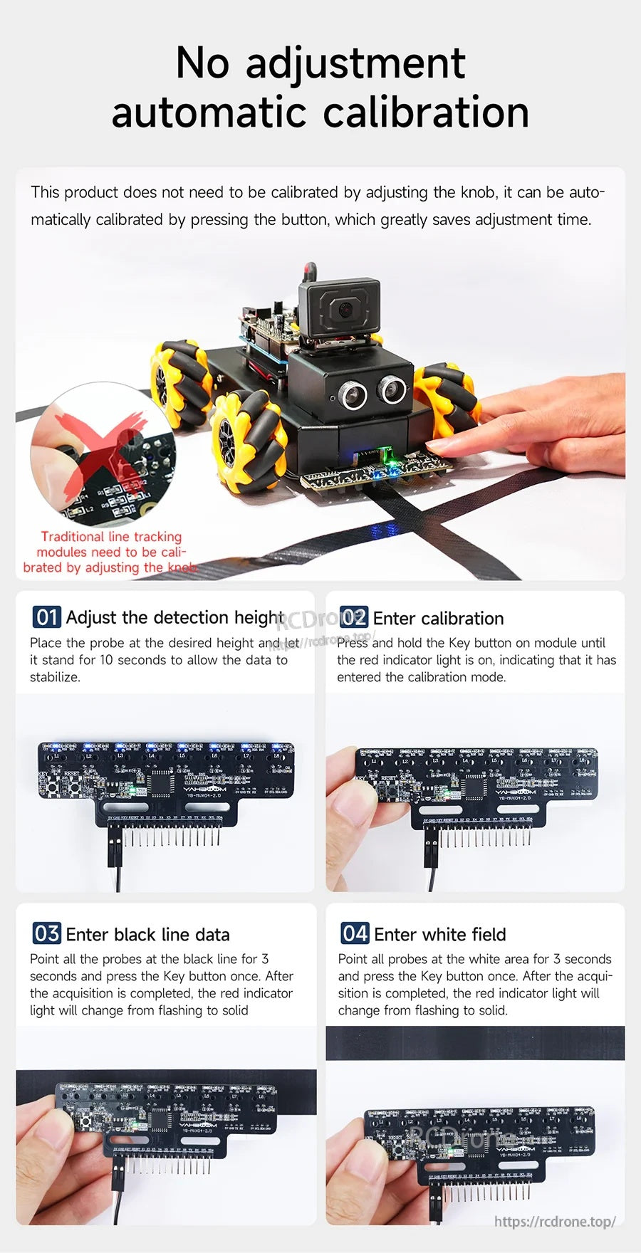 One-key automatic calibration steps for the 8-channel infrared line tracking sensor module on a robot car
