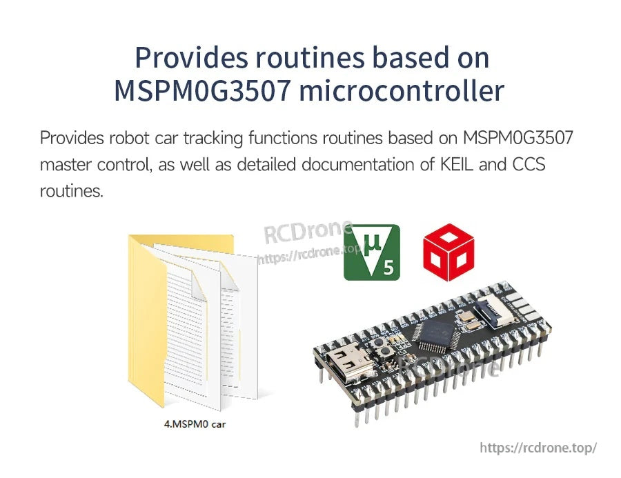 MSPM0G3507 microcontroller development board with USB port, shown with documentation and IDE icons for routines