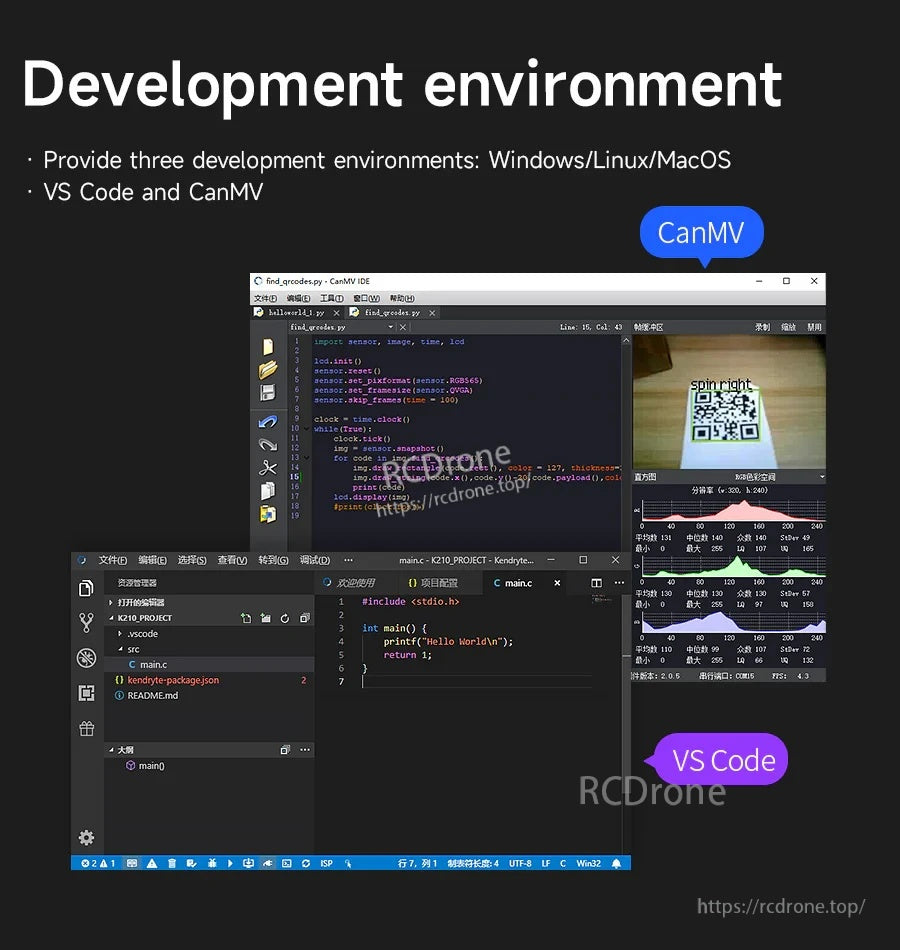 Development environment screenshot showing CanMV and VS Code options on Windows, Linux, and macOS