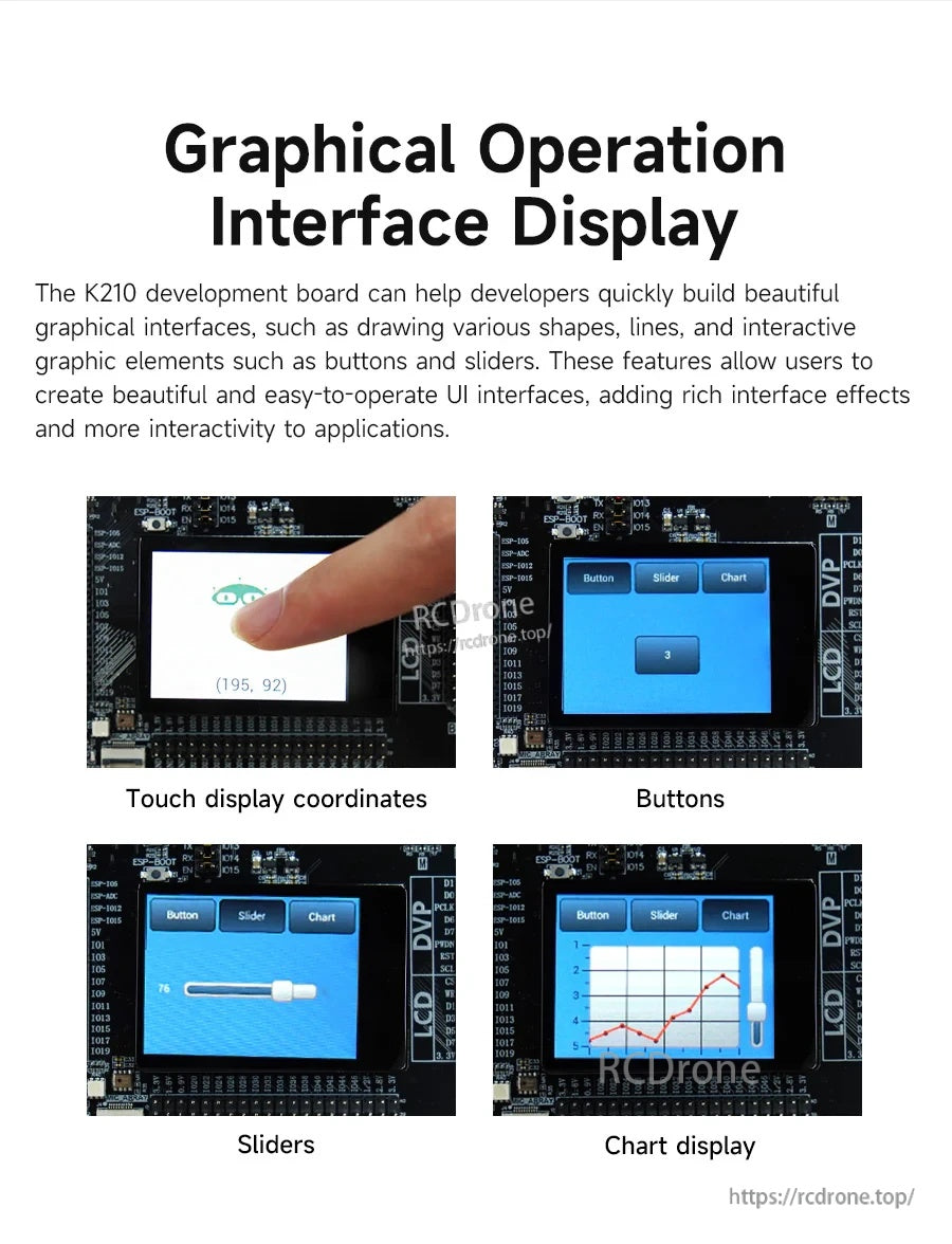 Touch GUI interface examples on the 2.0-inch LCD: coordinate readout, buttons, sliders, and chart display