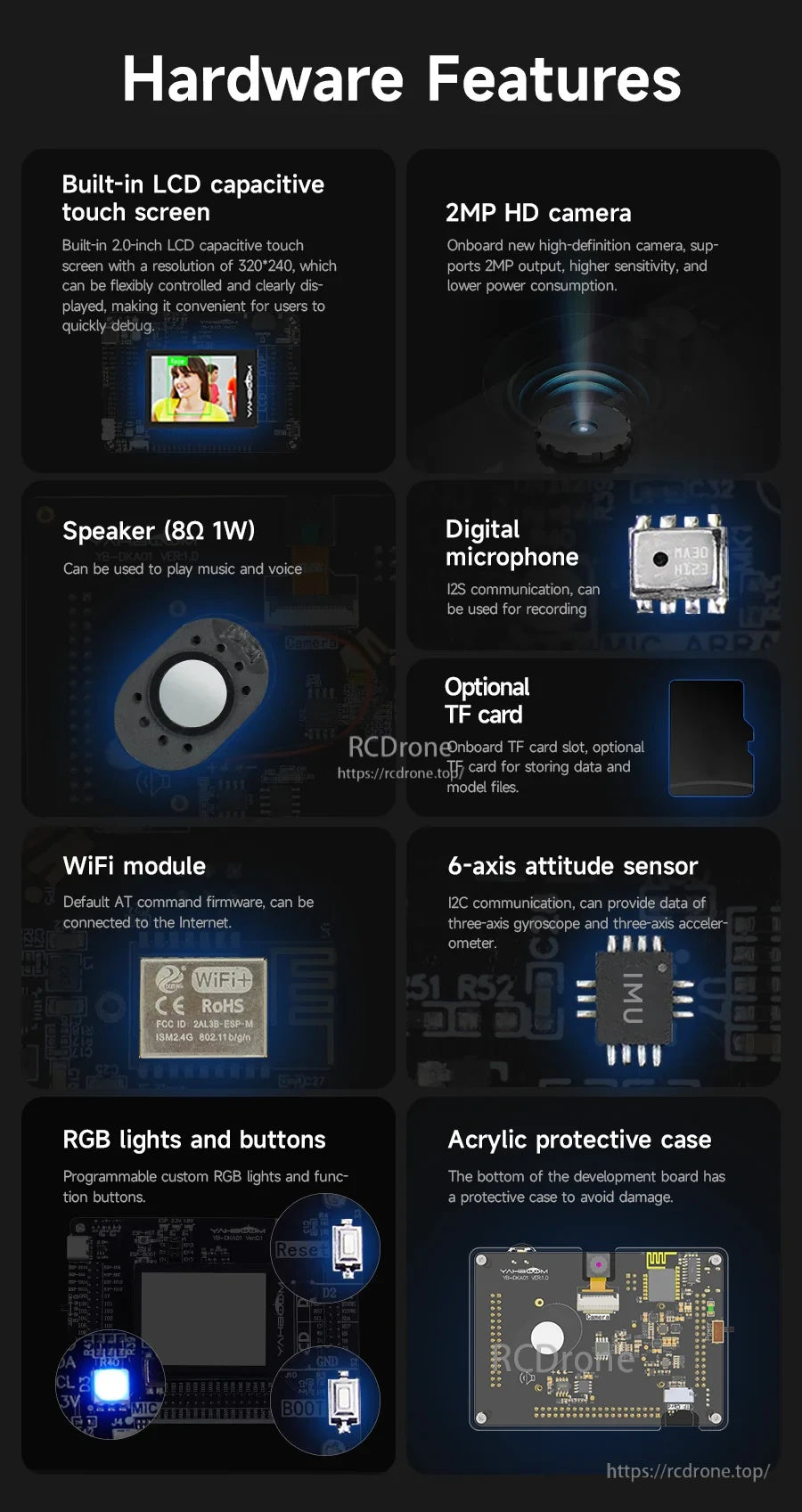 Hardware features collage: 2.0-inch capacitive LCD, 2MP camera, WiFi, mic, 8Ω 1W speaker, 6-axis sensor, TF slot