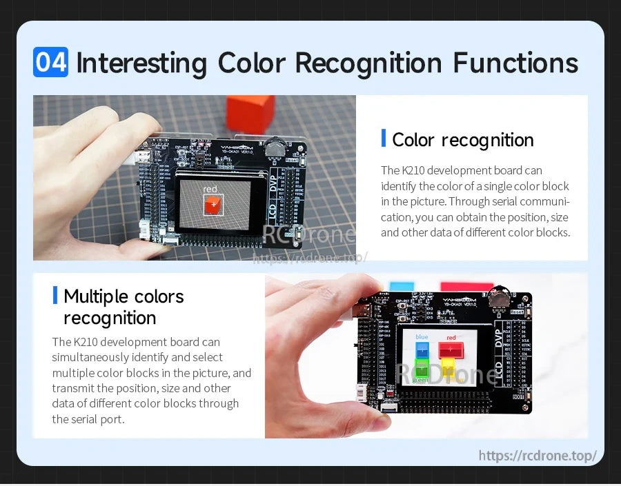 Color recognition demo on K210 board display identifying single and multiple colored blocks with coordinates