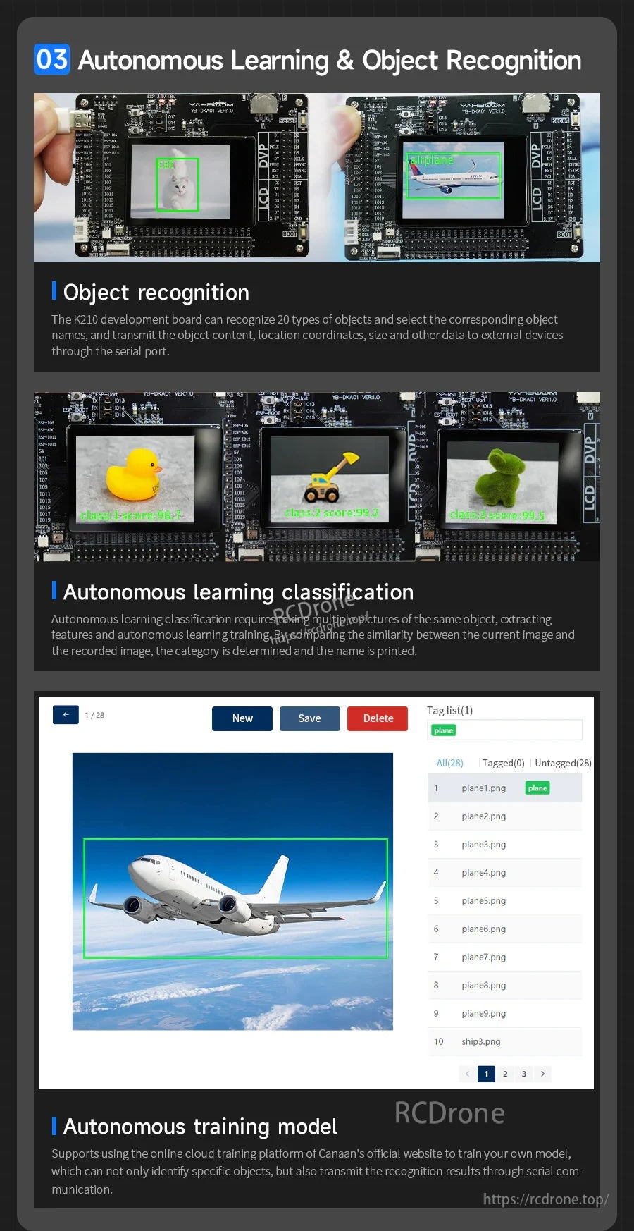 Autonomous learning and object recognition demos with labeled bounding boxes and a training interface screenshot