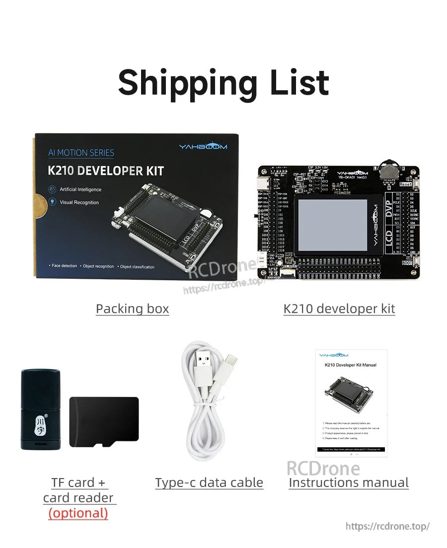 Shipping list for Yahboom K210 developer kit with packing box, board, Type-C cable, manual, and optional TF card reader
