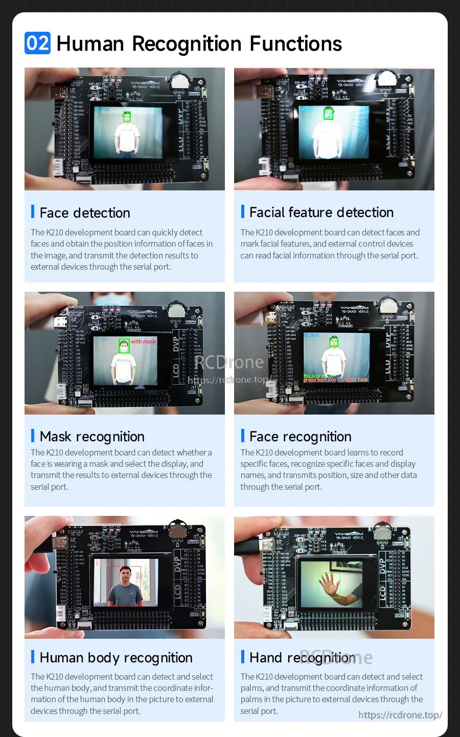 Human recognition function demos on K210 board display including face detection, mask recognition, and body detection