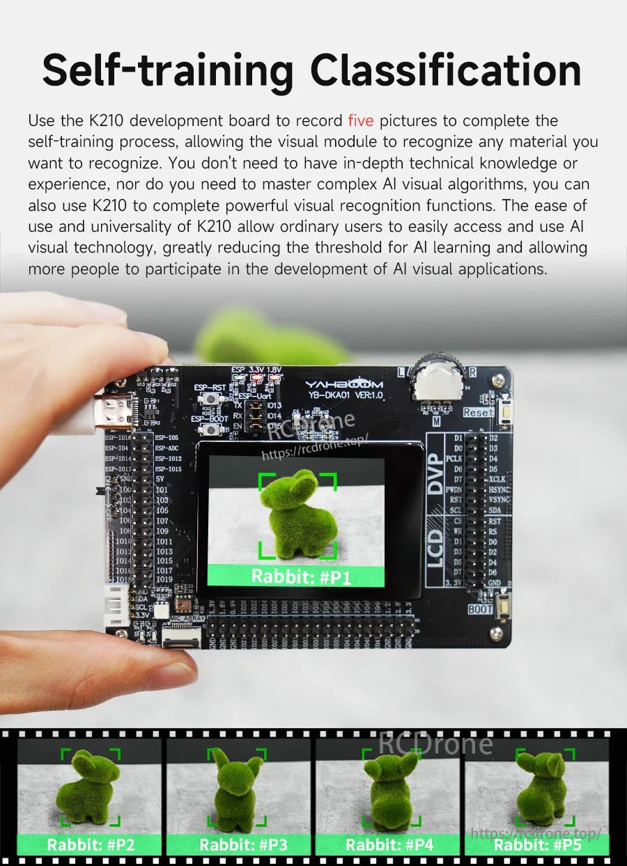 Self-training classification demo on K210 kit display showing labeled object recognition results and sample frames