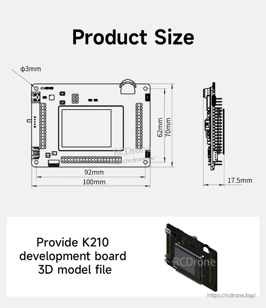 Yahboom AI‑Motion K210 developer board size diagram showing 100×70 mm outline, 92×62 mm inner area, 17.5 mm thickness