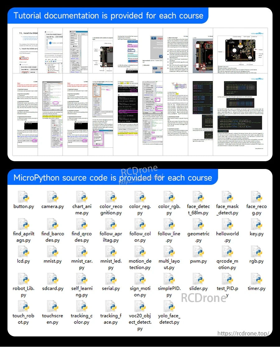 Screenshot of Yahboom K210 developer kit resources showing tutorial documentation and MicroPython source code files