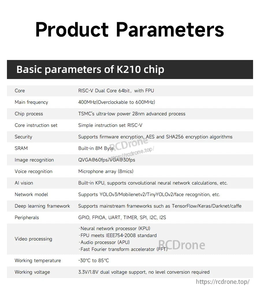 K210 chip product parameters table listing RISC-V dual-core, 400MHz (to 600MHz), 8MB SRAM and KPU