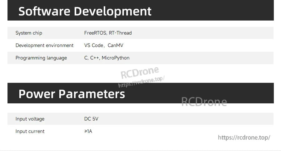 Developer kit software and power parameters table listing FreeRTOS/RT-Thread, VS Code/CanMV, DC 5V input