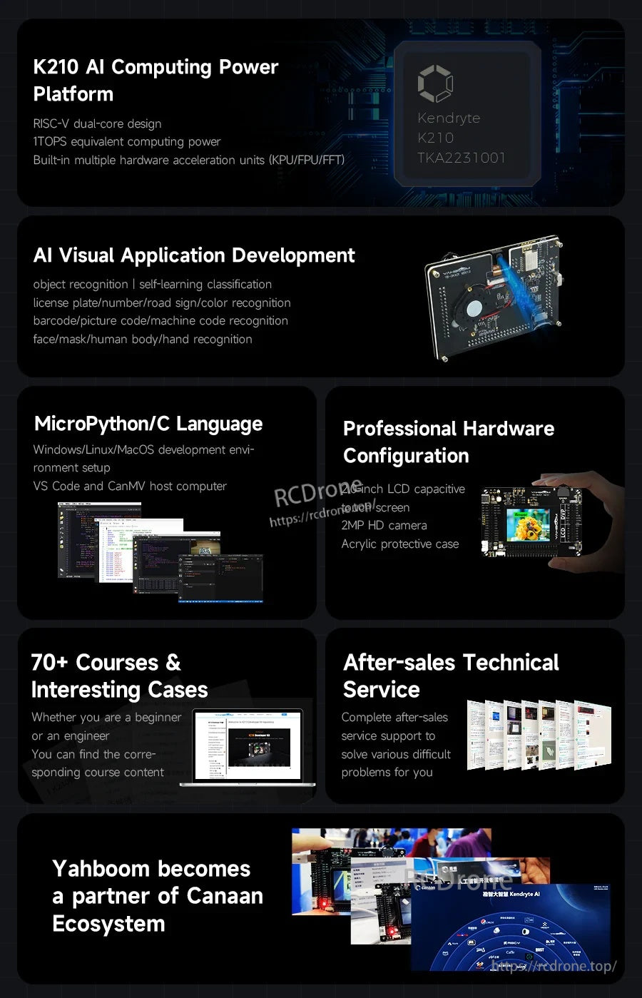 K210 developer kit feature overview highlighting AI computing, camera, touch screen, tools, courses, and support