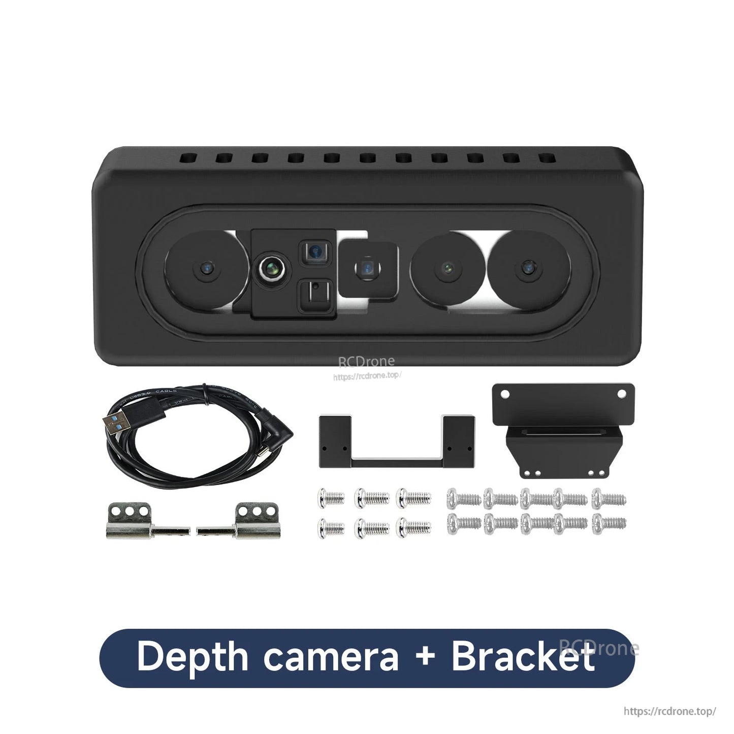 Depth camera plus bracket set shown with USB cable, mounting bracket, screws and accessories