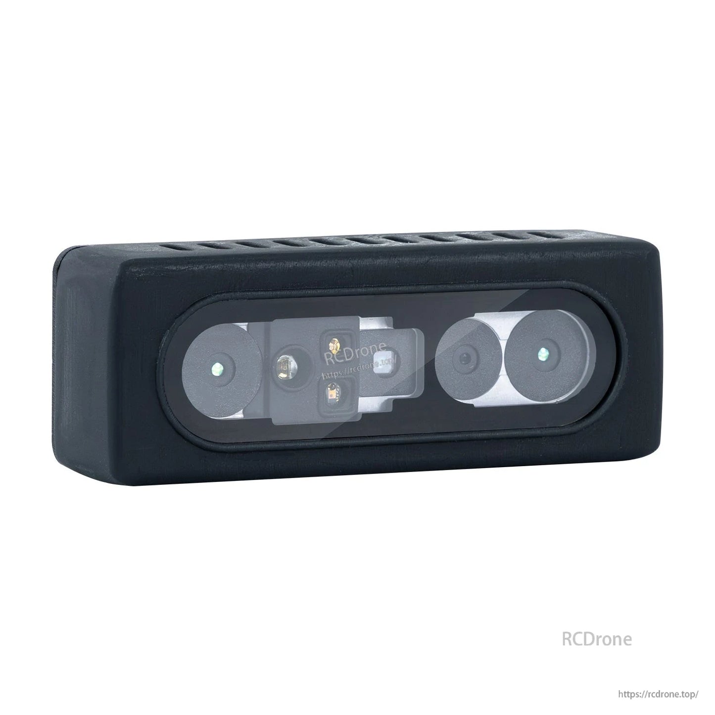 Three-quarter view of binocular stereo depth camera on white background showing front lens array