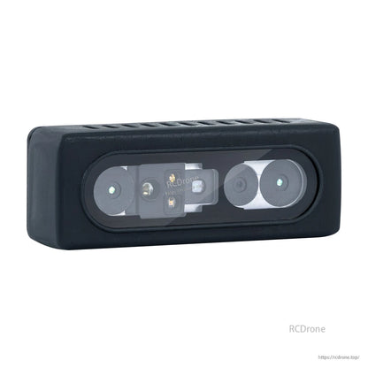 Three-quarter view of binocular stereo depth camera on white background showing front lens array