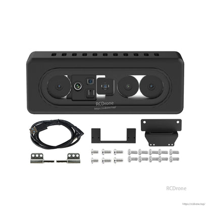 Depth camera kit layout with USB cable, metal mounting bracket, side plates, screws and hardware