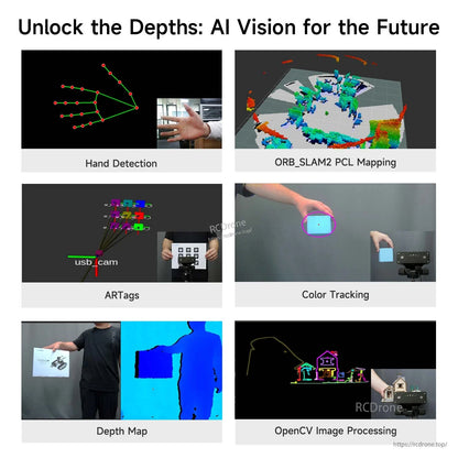 AI VIEW RGB-D depth camera application examples: hand detection, ORB-SLAM2 mapping, ARTags, color tracking