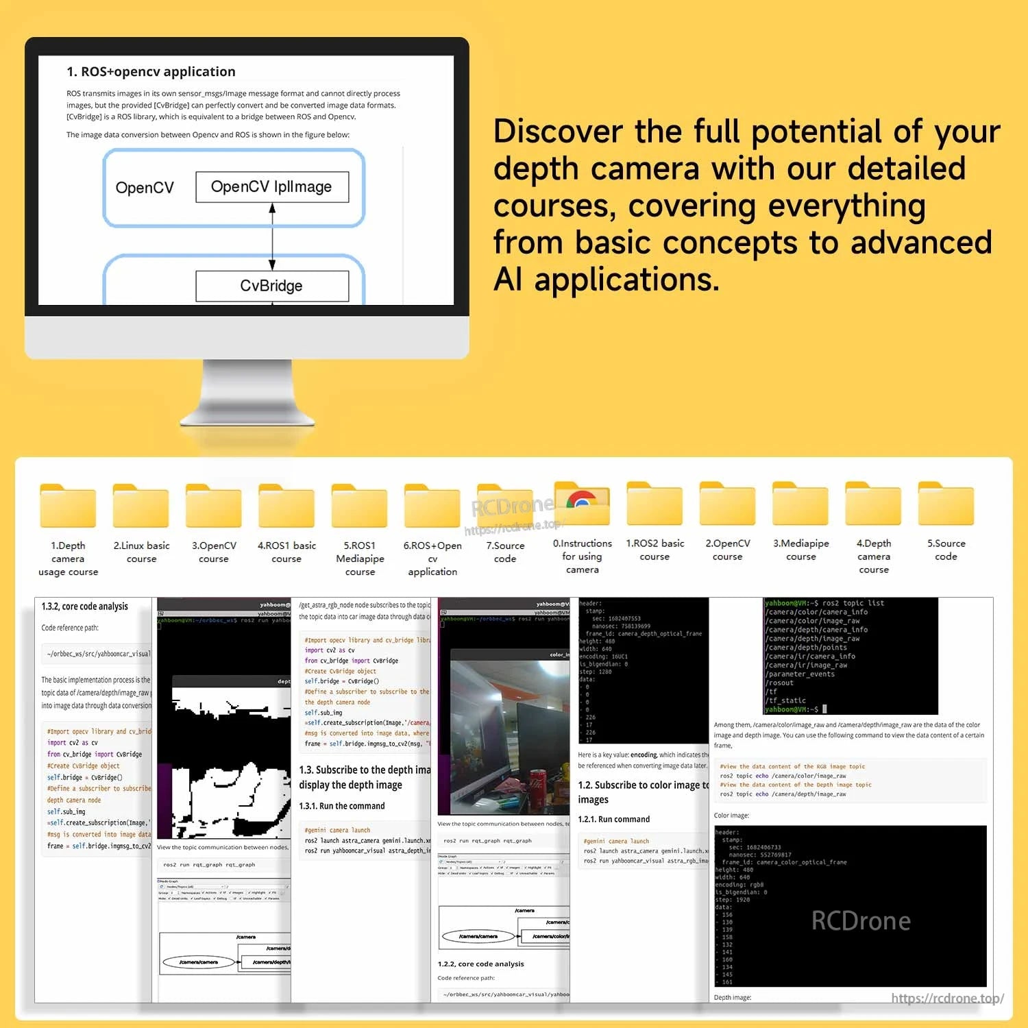 ROS/OpenCV depth camera course screenshots and lesson thumbnails shown on monitor