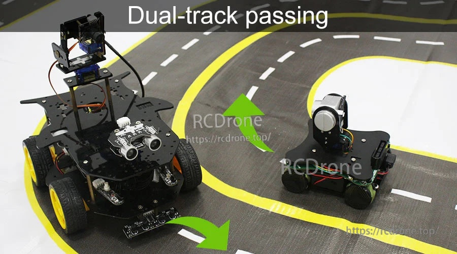 Two AI camera cars demonstrating dual-track passing on the Yahboom visual automatic drive course