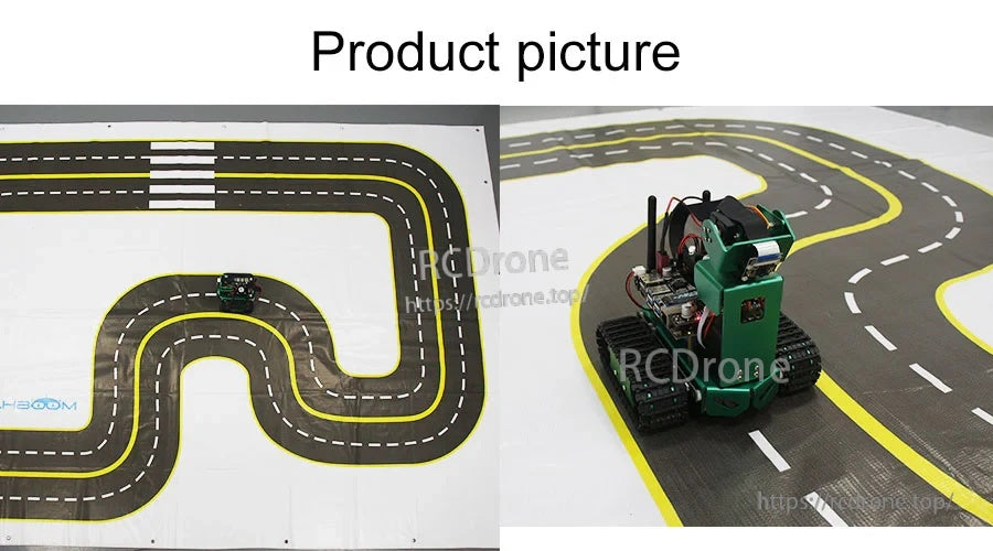 Product view of the Yahboom dual-track driving mat with a smart car running on the course