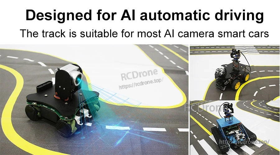 AI camera smart car following the yellow edge lines and white dotted center line on the dual-track map