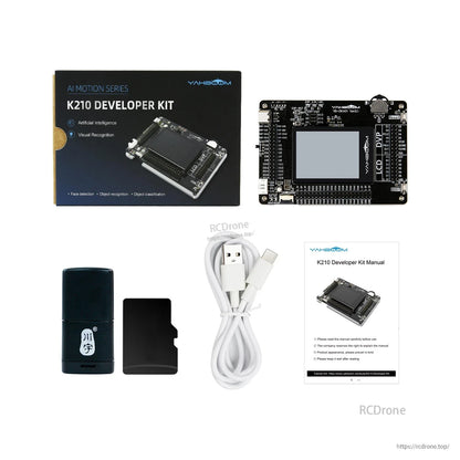 K210 developer kit package contents with board, USB‑C cable, manual, TF card and USB card reader