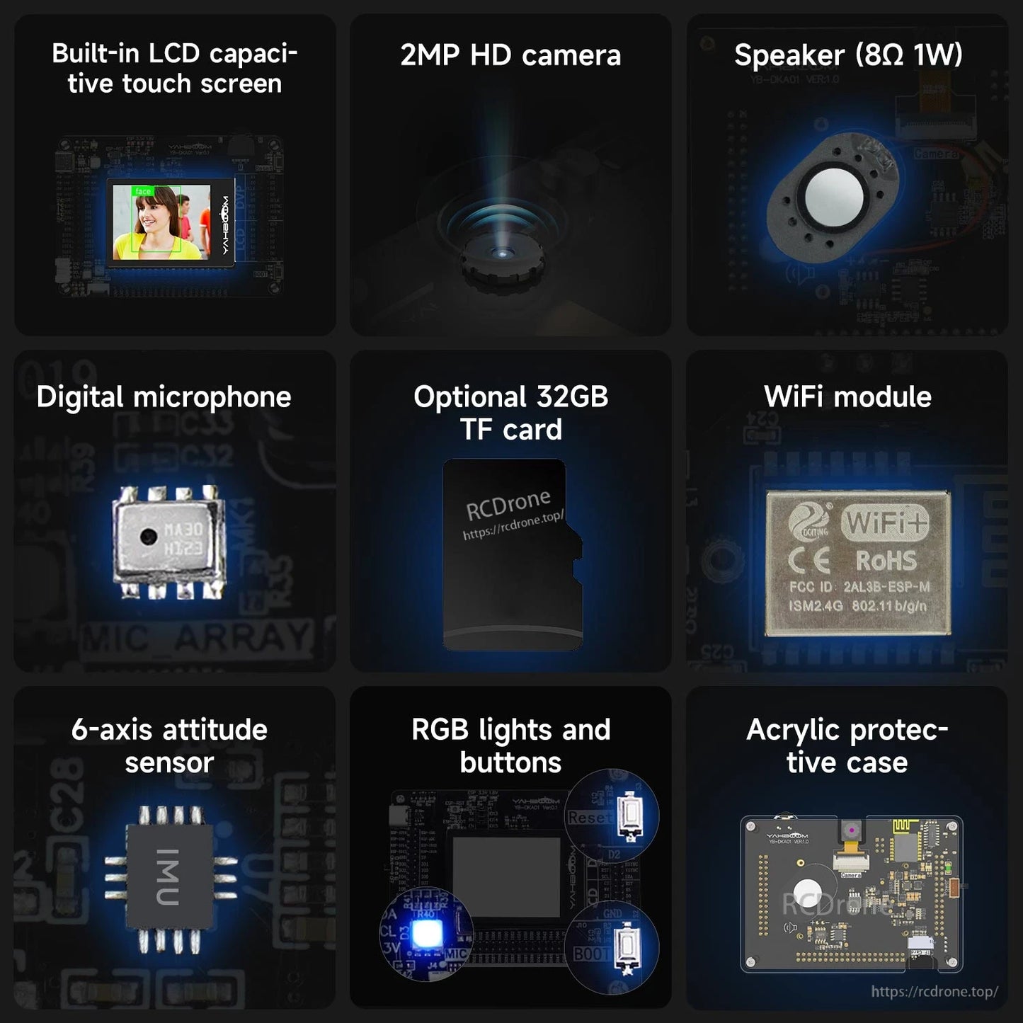 Feature icons for K210 kit: 2MP camera, WiFi module, speaker, mic, TF card, 6‑axis sensor, RGB, acrylic case