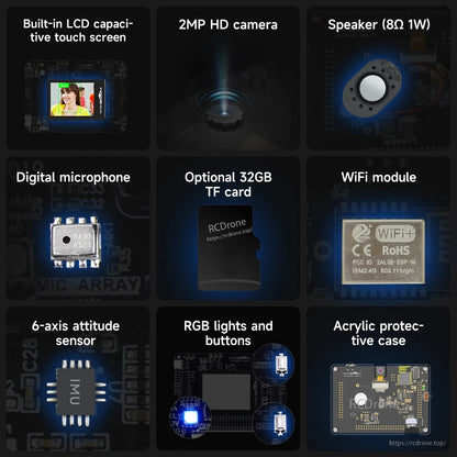 Feature icons for K210 kit: 2MP camera, WiFi module, speaker, mic, TF card, 6‑axis sensor, RGB, acrylic case