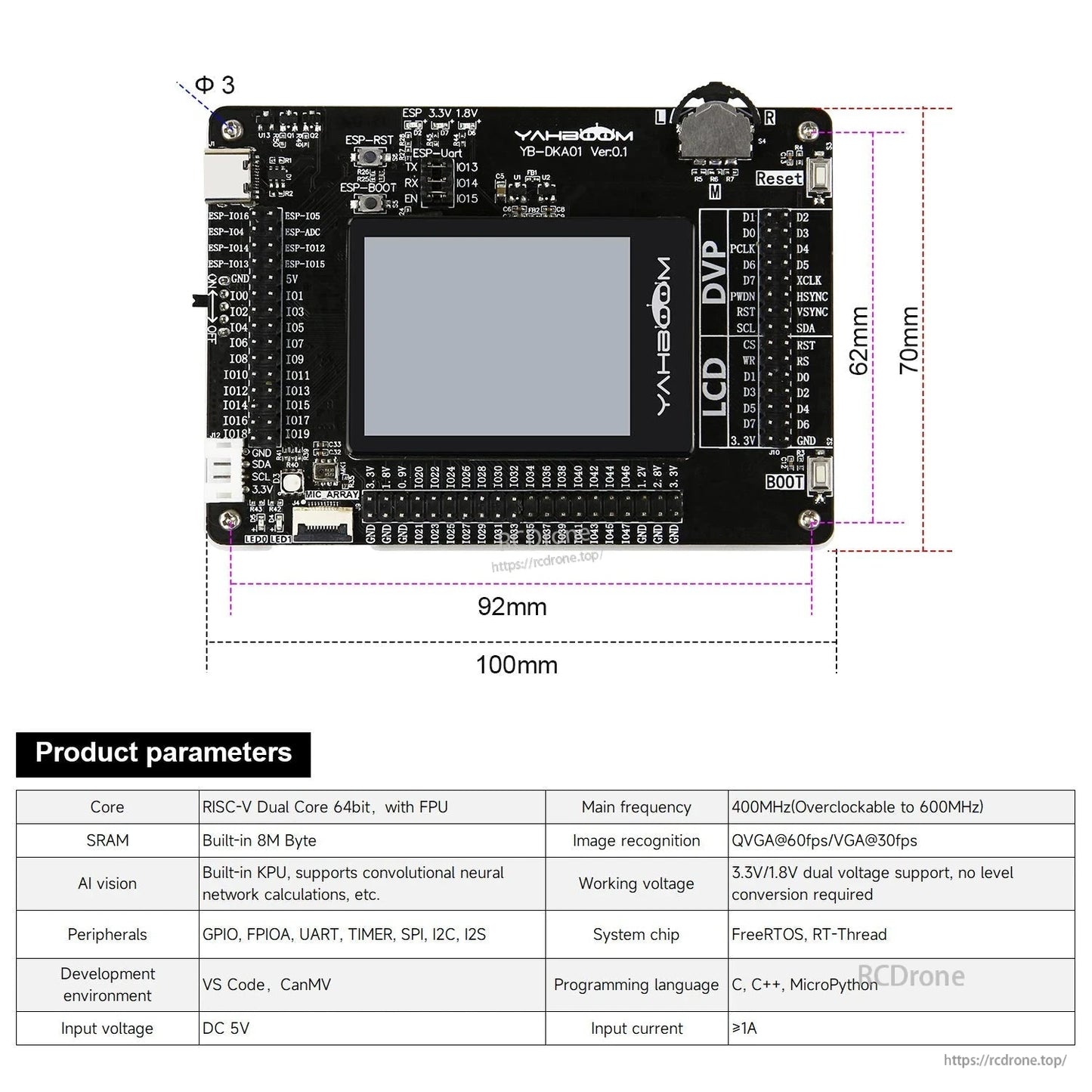 Yahboom K210 board dimensions and product parameters table with size diagram in millimeters