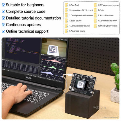 K210 development setup on laptop running code with board on stand and live camera/vision preview