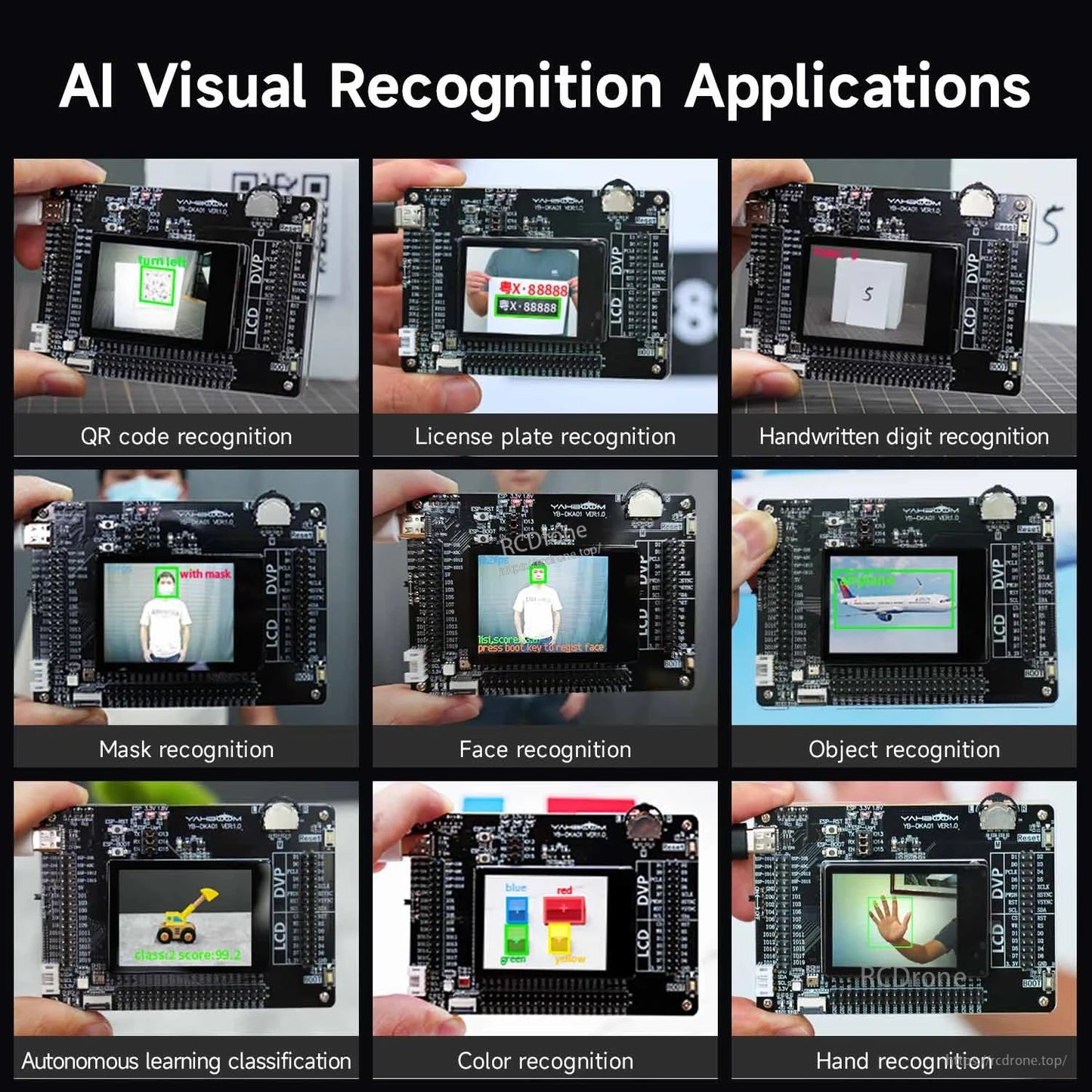 AI visual recognition demo collage on K210 board: QR code, plate, digits, mask, face, object and color recognition