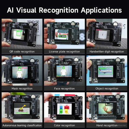 AI visual recognition demo collage on K210 board: QR code, plate, digits, mask, face, object and color recognition