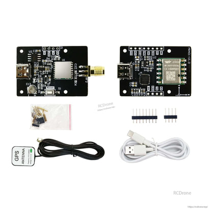 Complete kit layout showing front and back of module, antenna, USB cable, pin headers, and screws