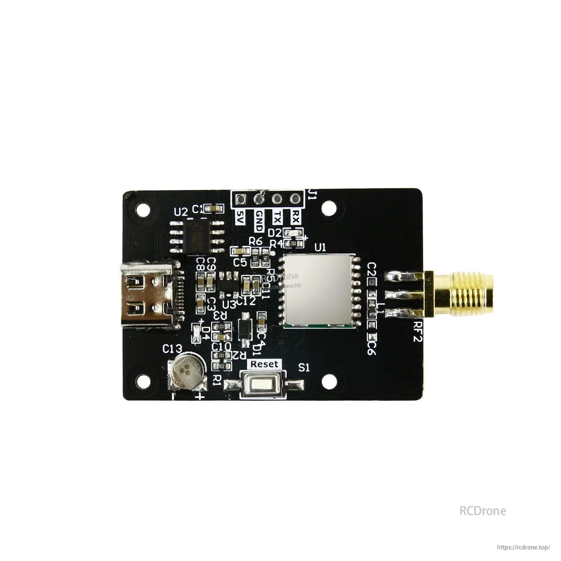 Yahboom ATGM336H-5N GPS module PCB close-up showing Type-C port, reset switch, and SMA connector