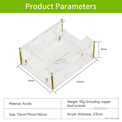 Yahboom Acrylic Protective Case dimensions diagram: 112×91×42 mm, acrylic material, 2.5 mm thickness