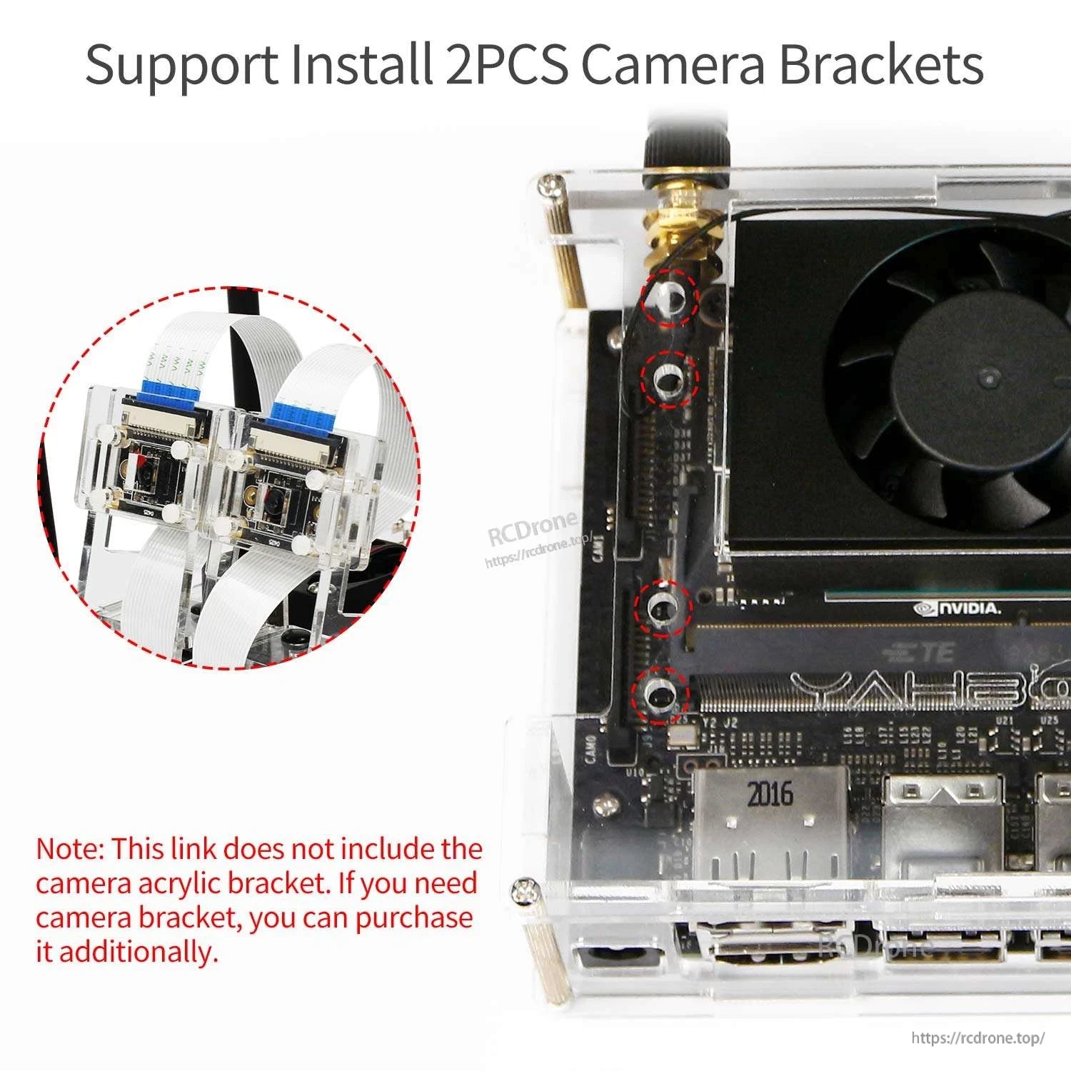 Acrylic case installed on Jetson board, highlighting mounting points for optional dual camera brackets