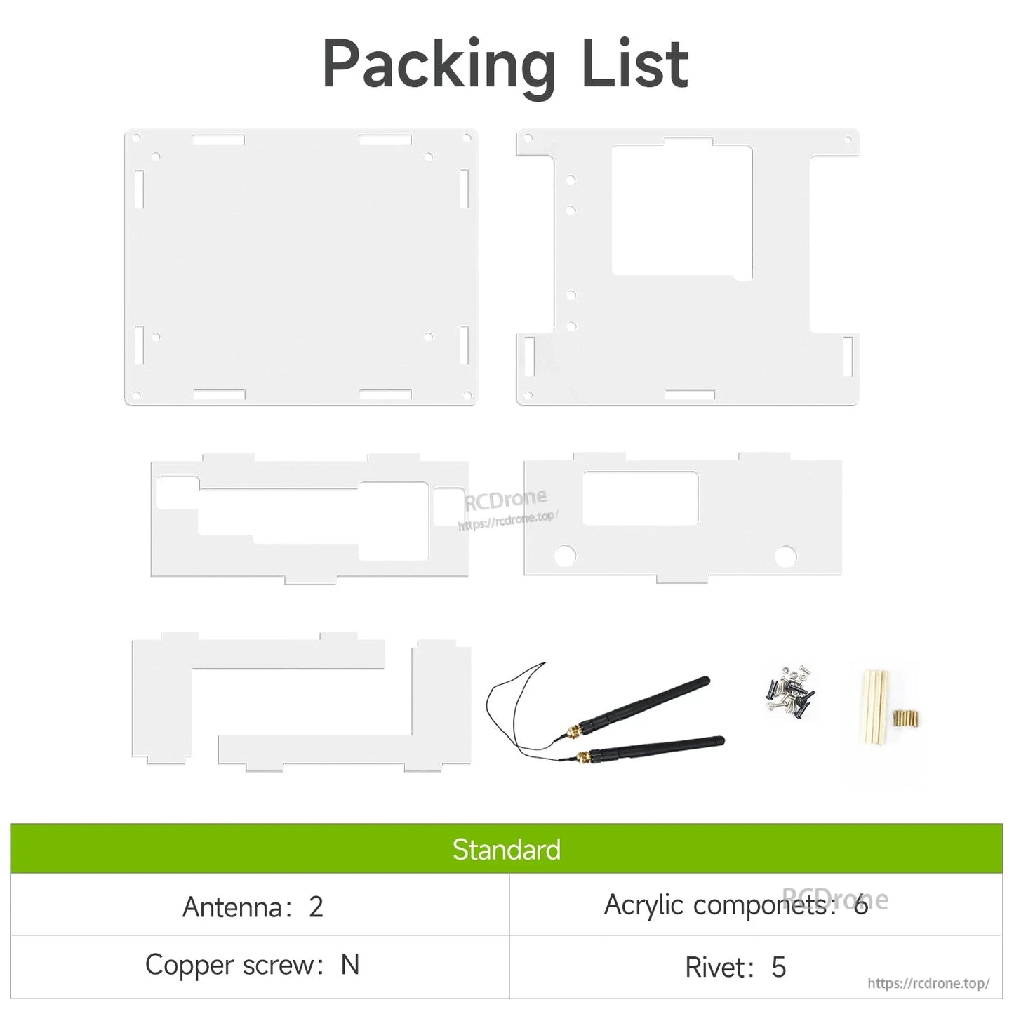 Packing list with acrylic panels, 2 antennas, screws/rivets and copper standoffs for the case kit