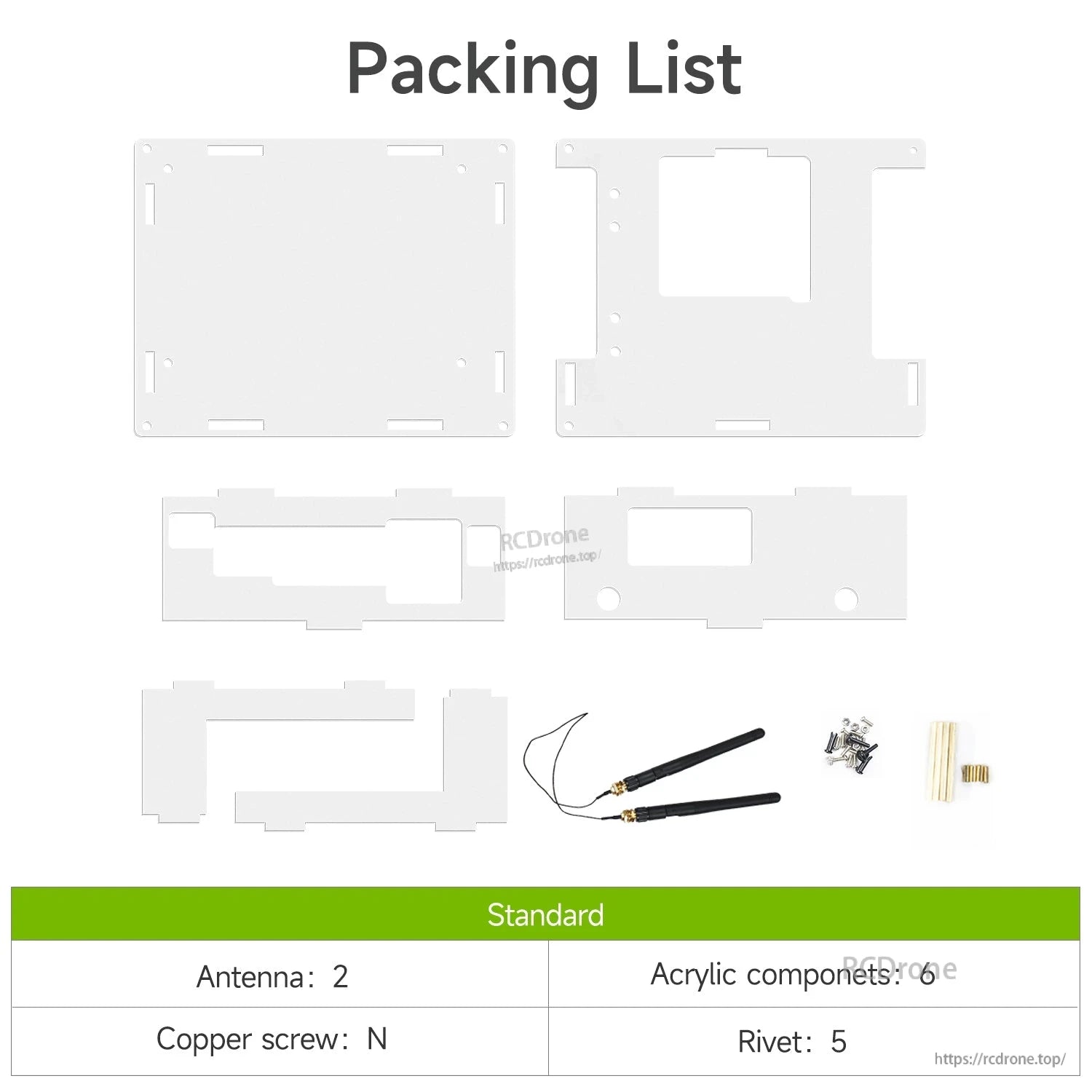 Packing list with acrylic panels, 2 antennas, screws/rivets and copper standoffs for the case kit