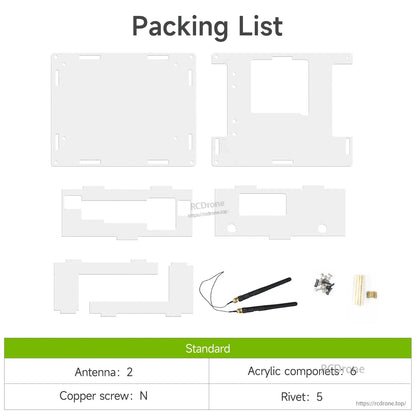 Packing list with acrylic panels, 2 antennas, screws/rivets and copper standoffs for the case kit