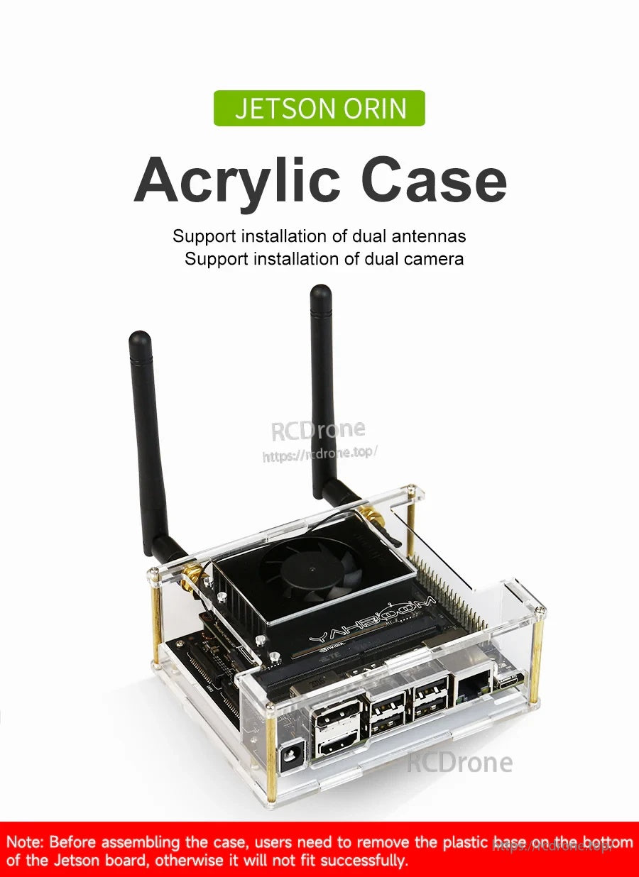 Yahboom Acrylic Protective Case installed on Jetson Orin board with dual antennas and fan opening