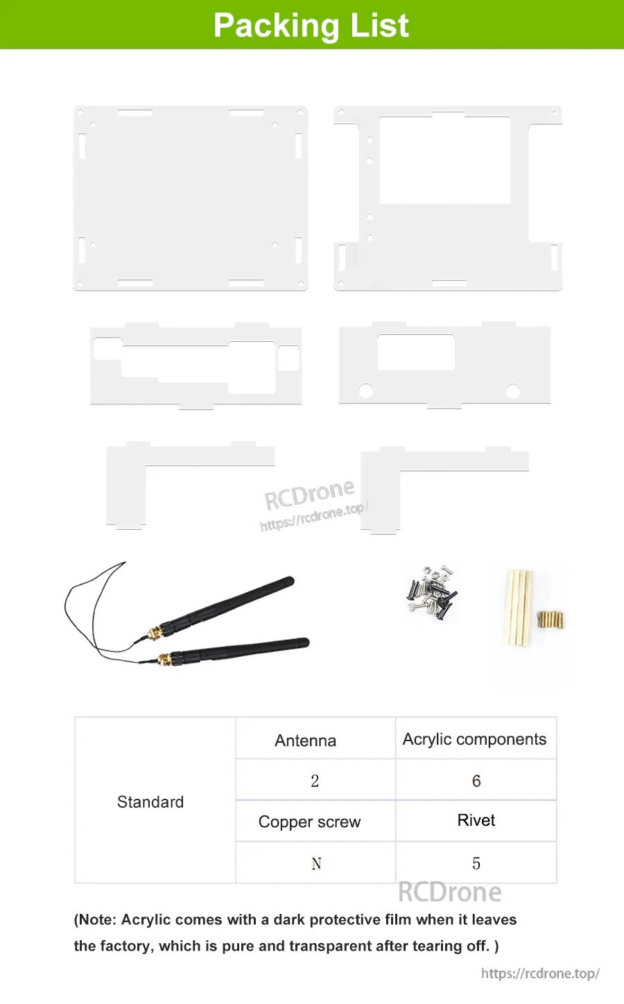 Packing list: 6 acrylic panels, 2 antennas, screws, and copper pillars for assembling the case