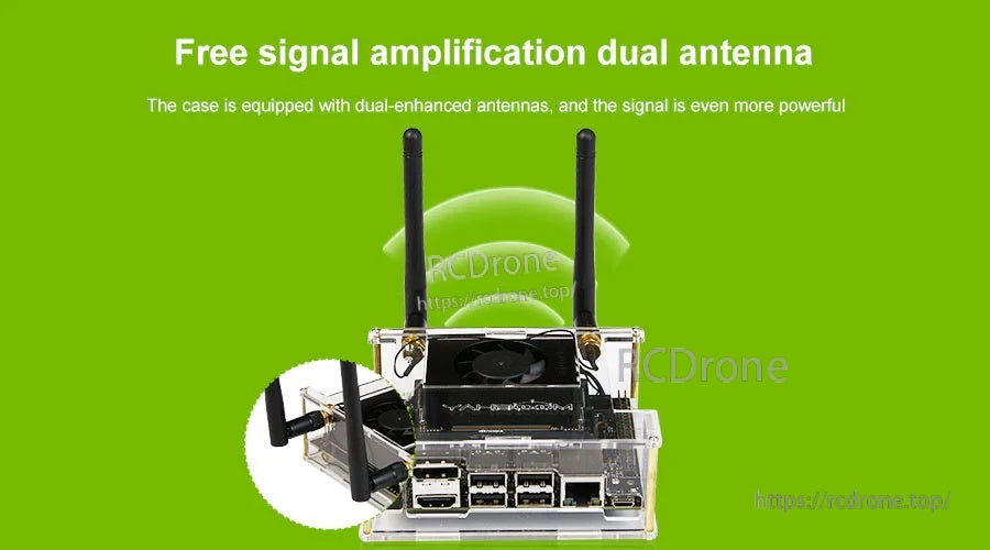 Acrylic case front view with dual WiFi antennas for improved wireless signal strength