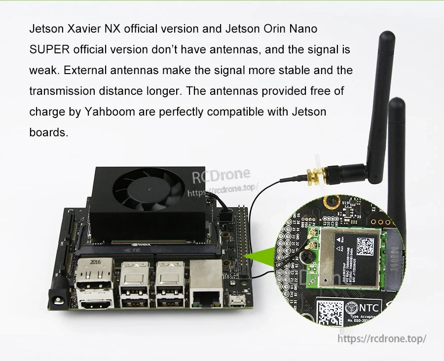 Jetson board wireless card connection with external antenna attached (close-up of M.2 module)